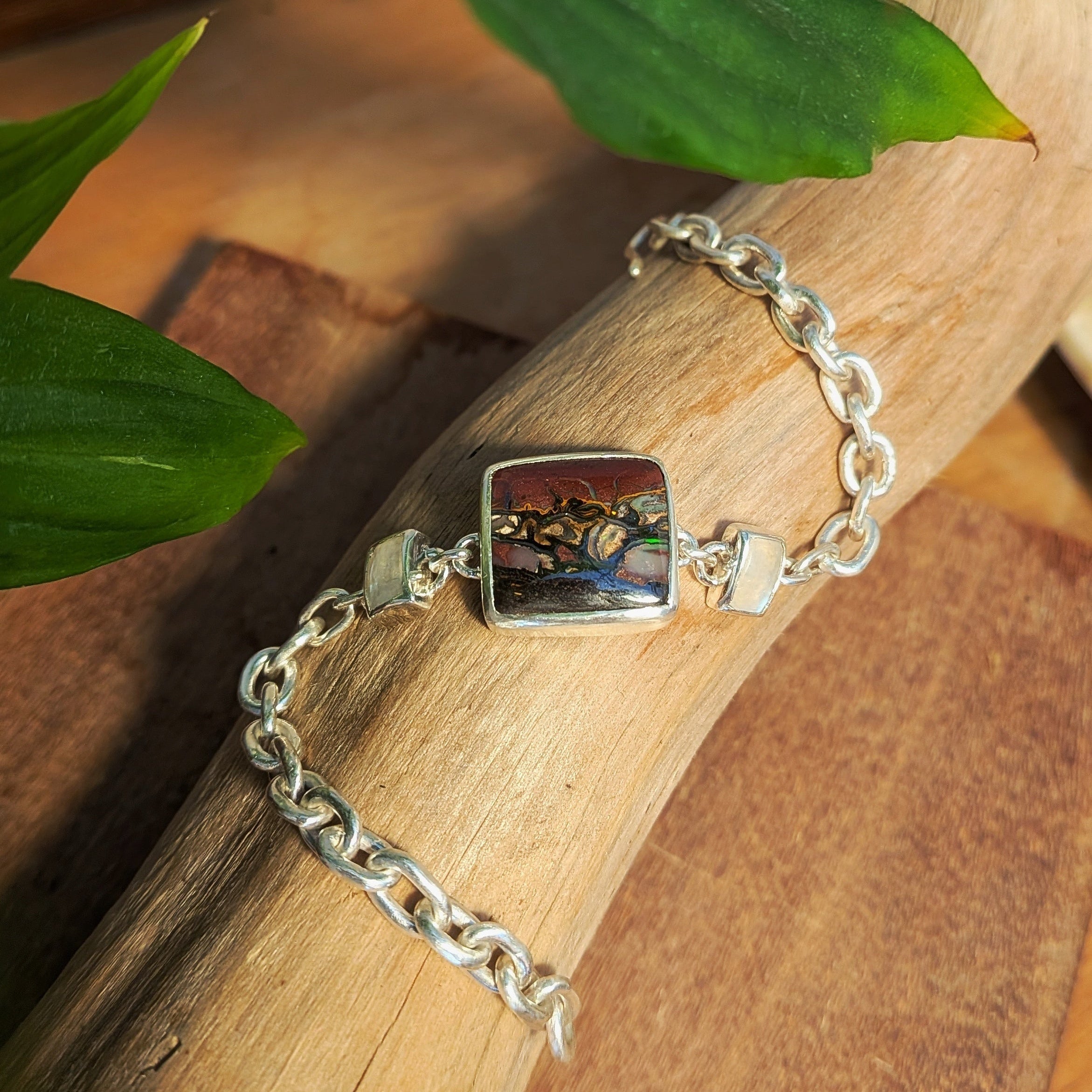 Flashy square Australian boulder opal and rainbow moonstones in a sterling silver chain-link bracelet | Made with Grace | Sustainable handmade jewellery NZ