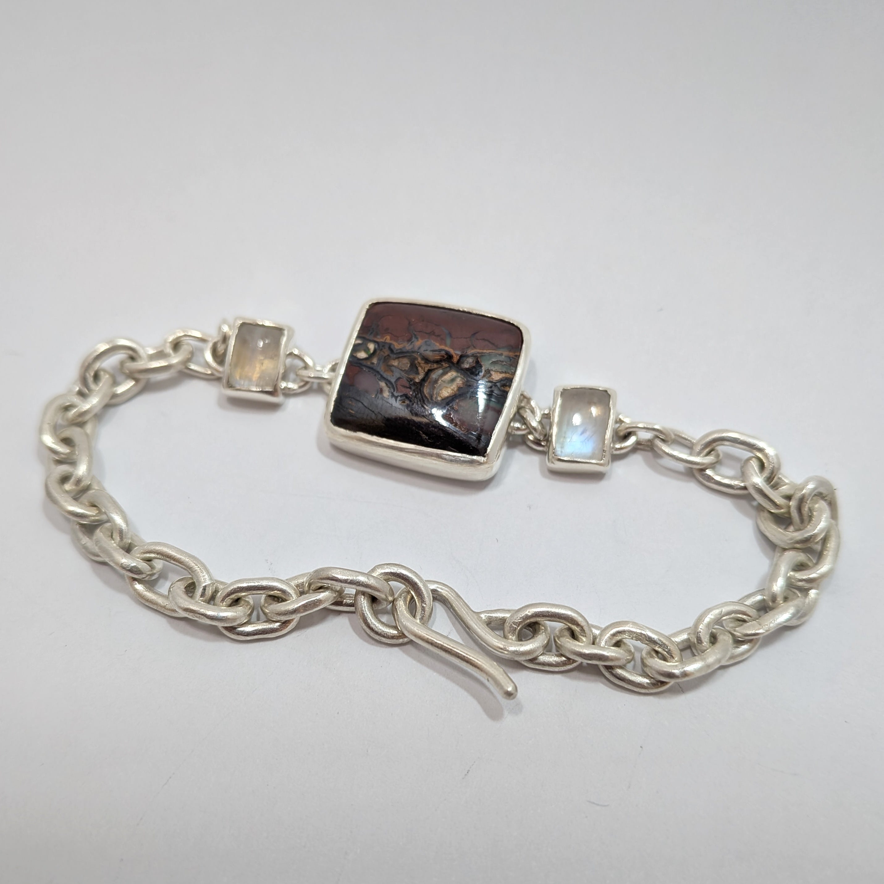 Flashy square Australian boulder opal and rainbow moonstones in a sterling silver chain-link bracelet | Made with Grace | Sustainable handmade jewellery NZ