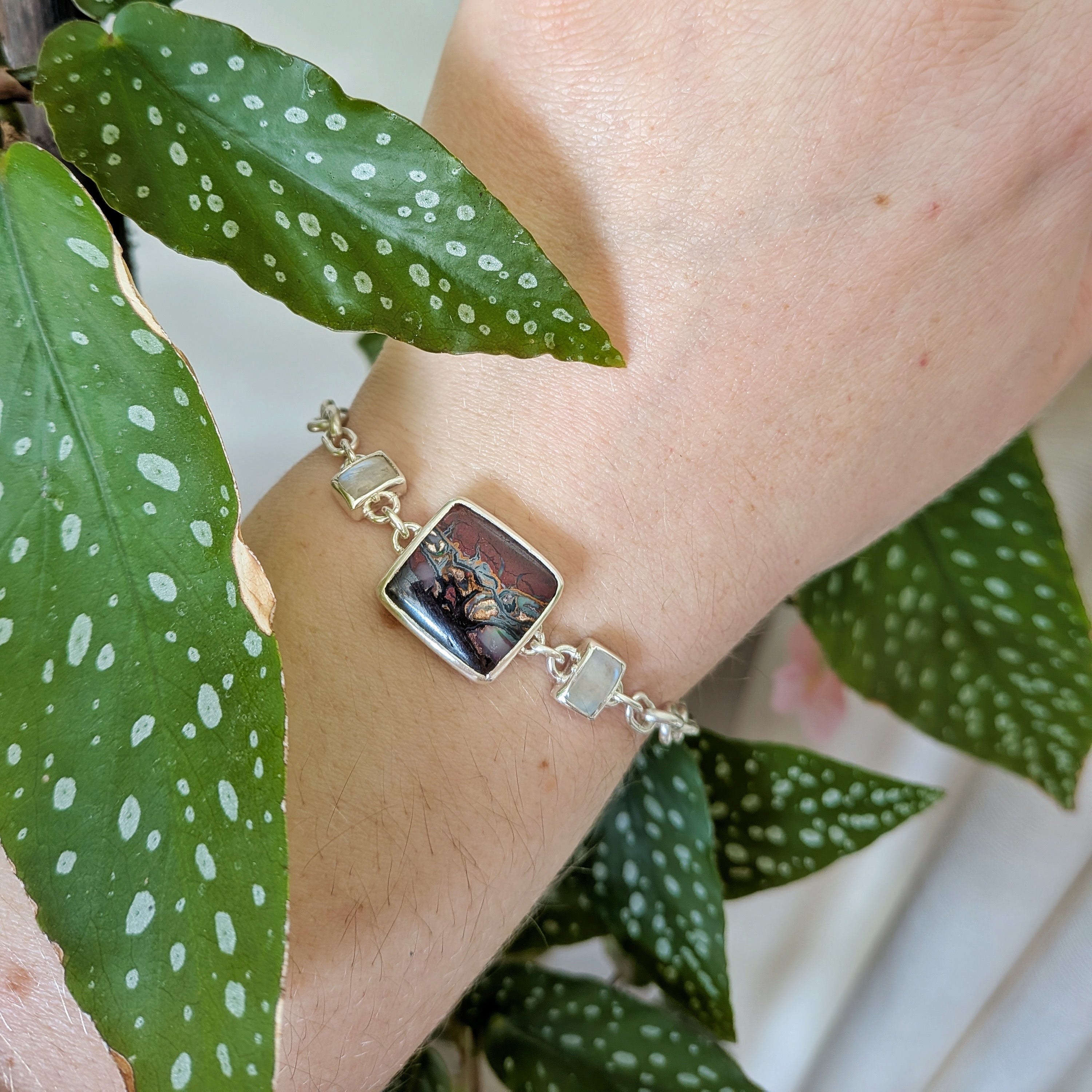 Flashy square Australian boulder opal and rainbow moonstones in a sterling silver chain-link bracelet | Made with Grace | Sustainable handmade jewellery NZ