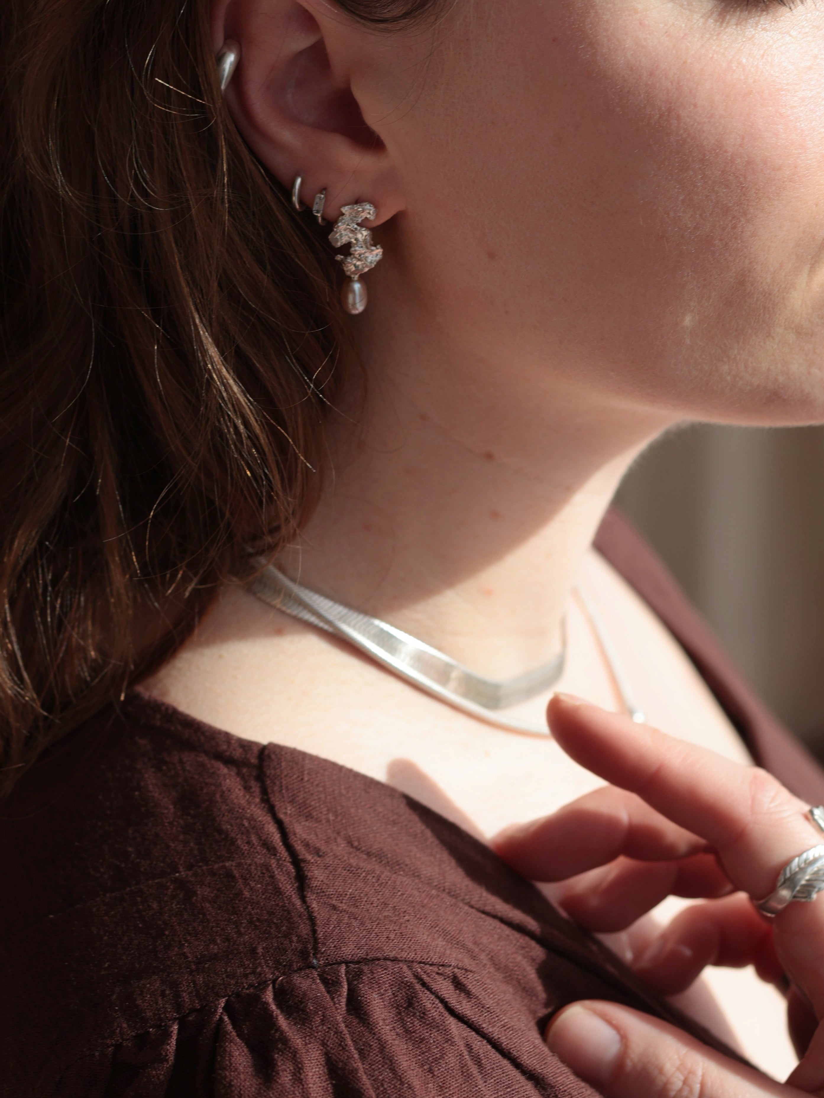 Freshwater pearl and sterling silver organic textured earrings. Handmade and one of a kind 