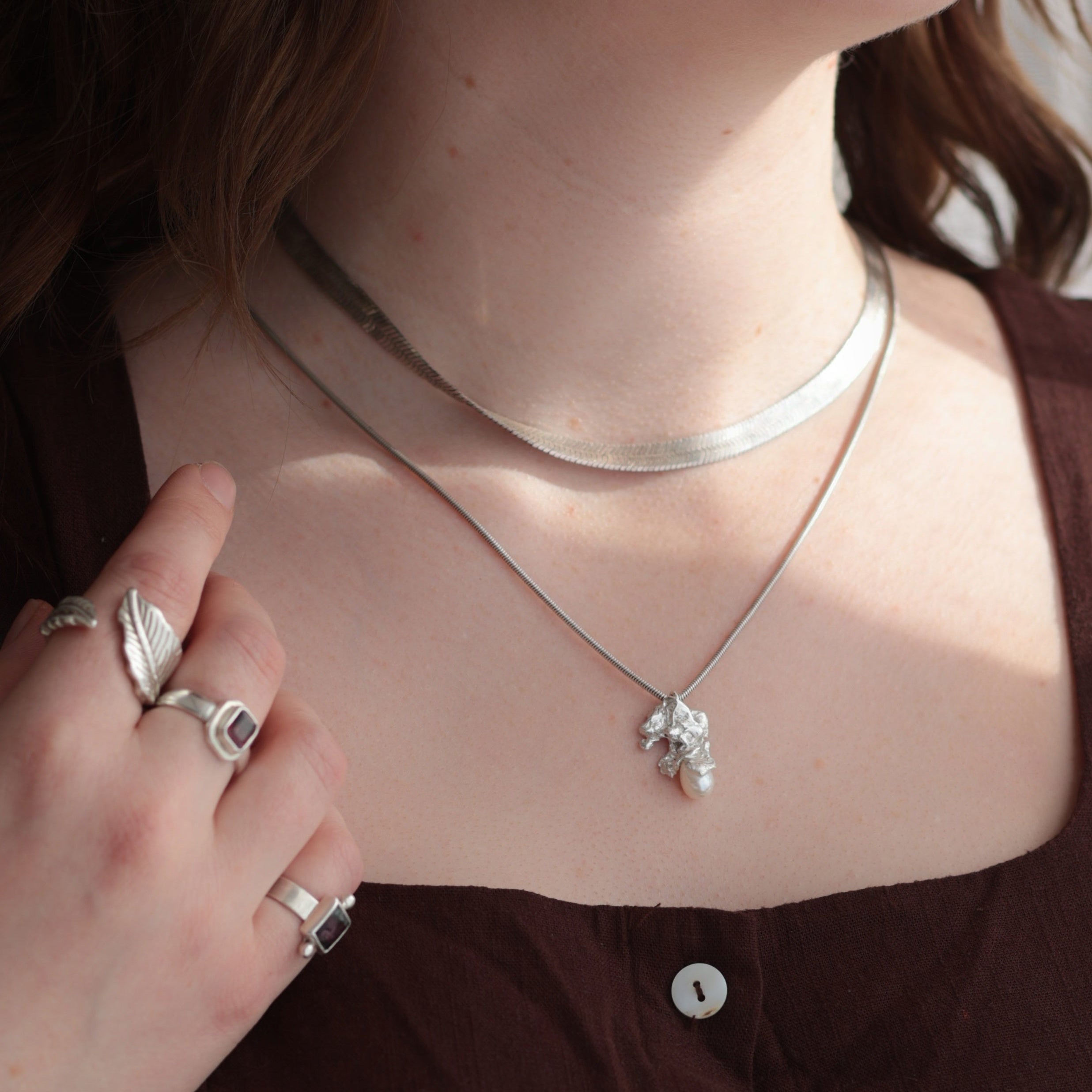 Freshwater pearl and sterling silver organic textured pendant. Handmade and one-of-a-kind