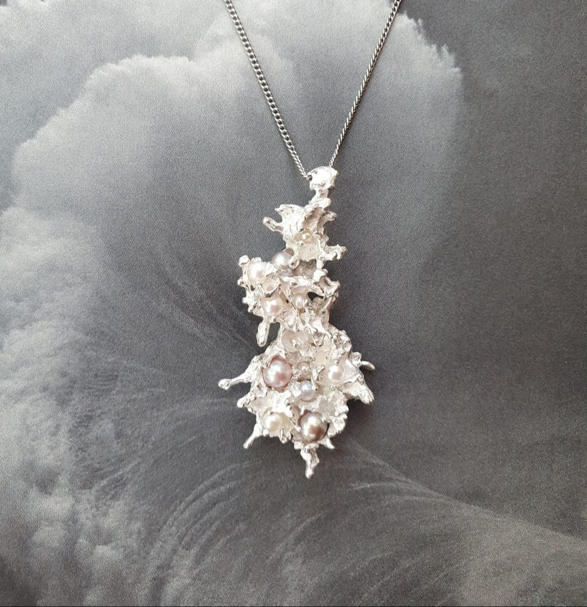 Silver coral necklace pendant with pastel pink and purple pearls | Made with Grace | handmade jewellery nz