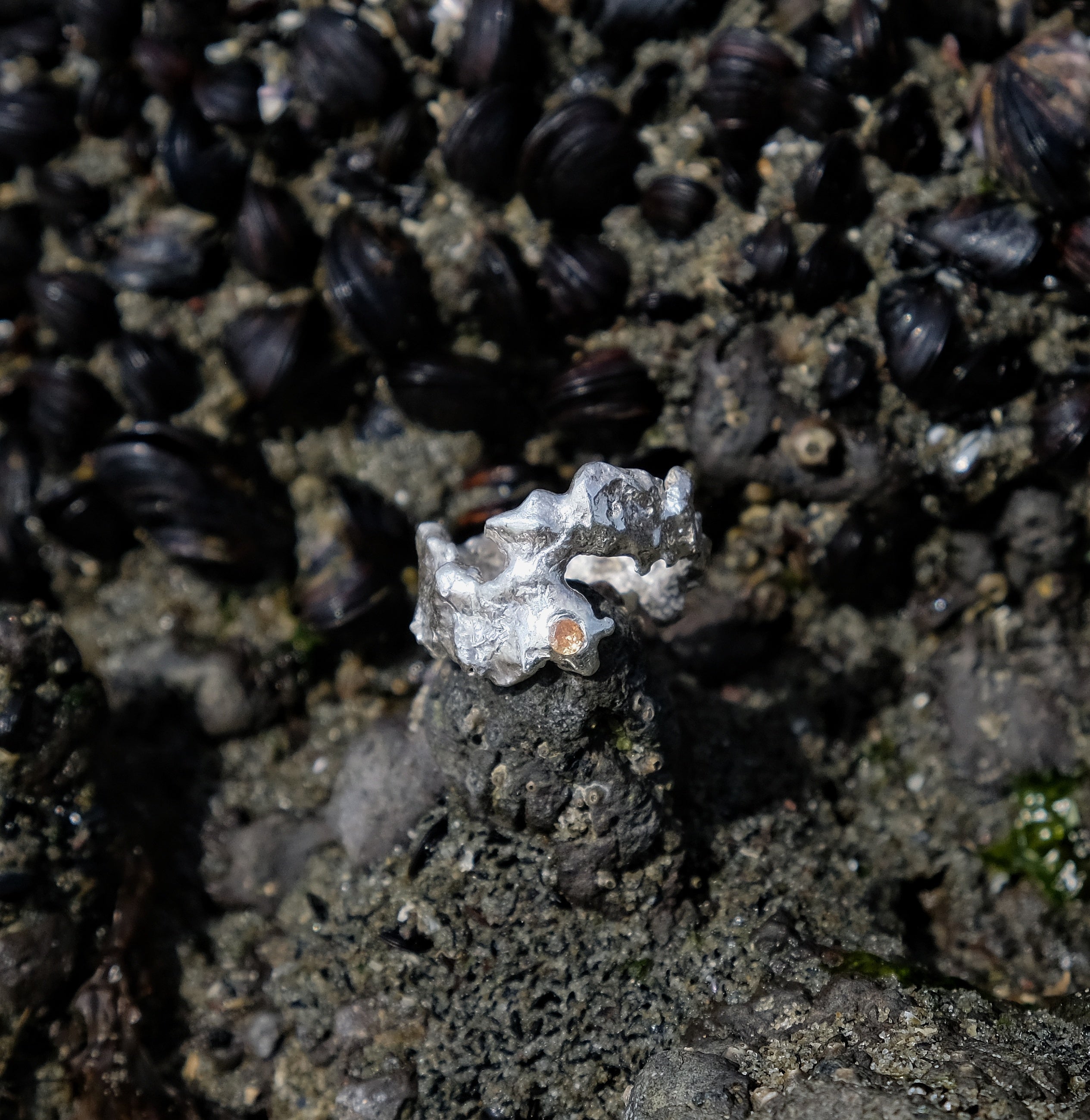 Silver coral ring with champagne gemstone, by rockpool | Made with Grace | handmade jewellery nz