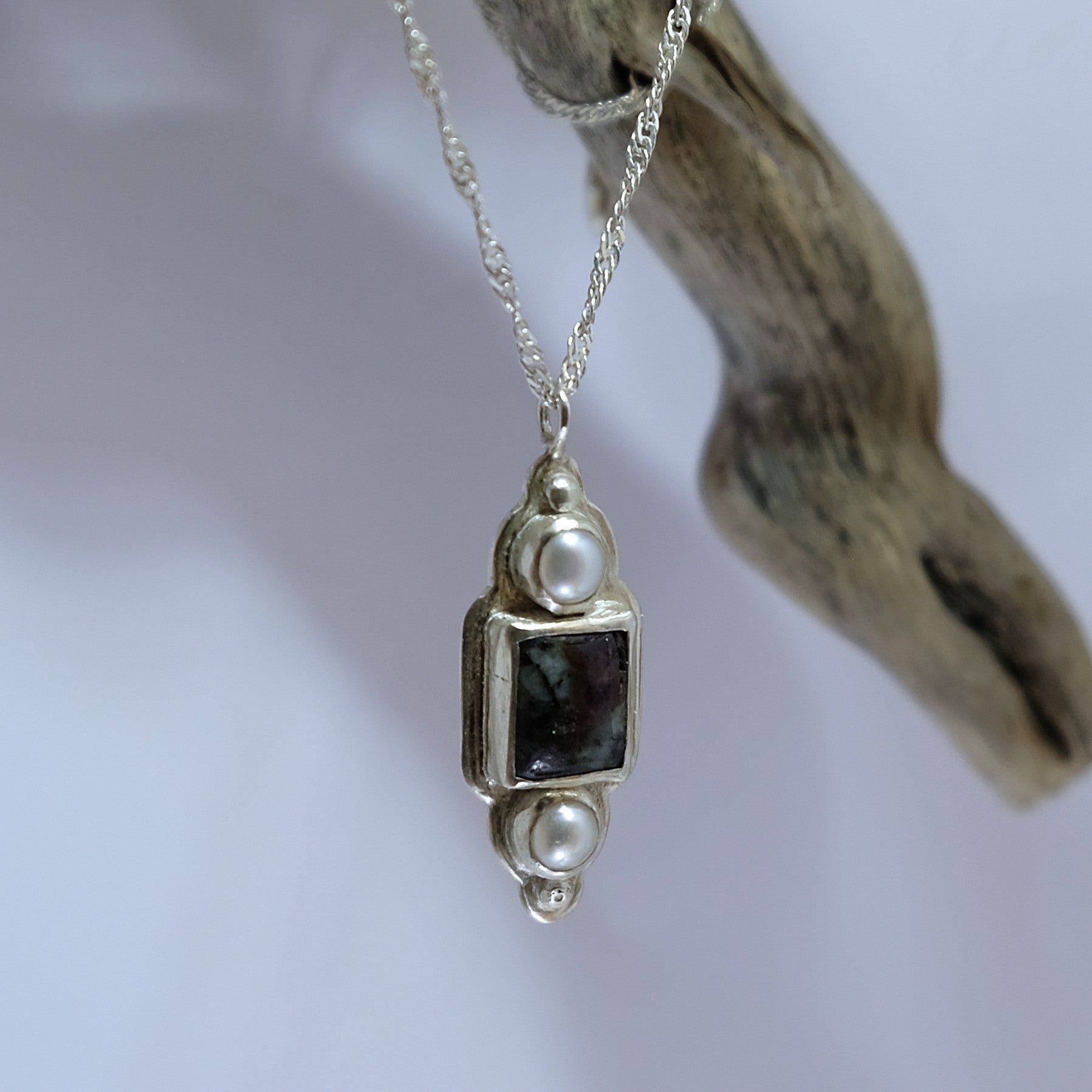 Rectangle green and red gemstone with pearl accents, in silver  | Made with Grace | handmade jewellery nz