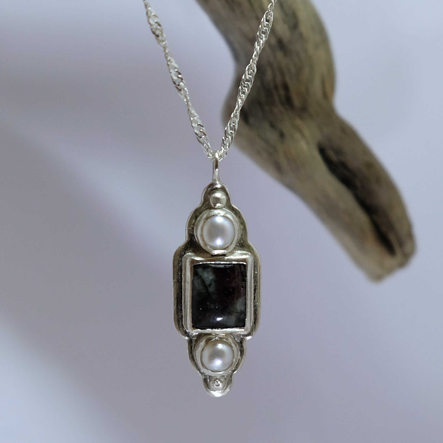Rectangle green and red gemstone with pearl accents, in silver  | Made with Grace | handmade jewellery nz