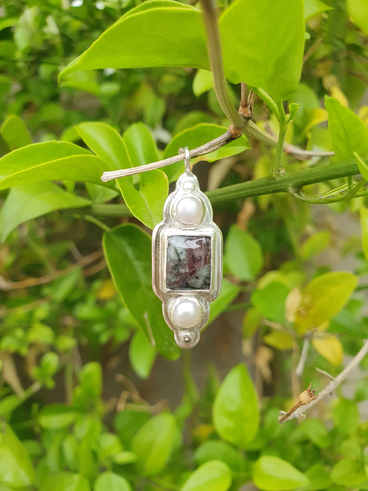 Silver pendant with red and green gemstone and pearl accents | Made with Grace | handmade jewellery nz