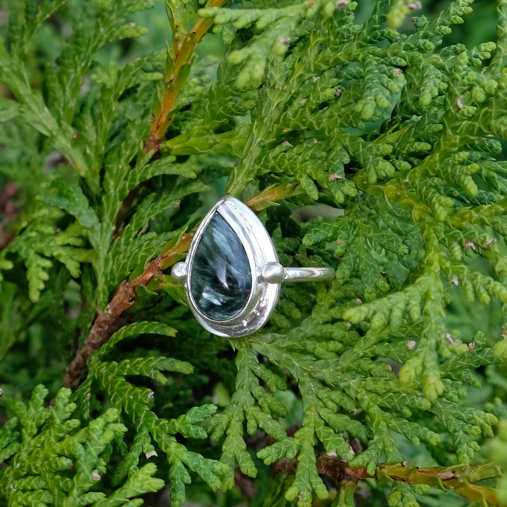 Serpentine and sterling silver fern drop ring | Made with Grace | handmade jewellery nz