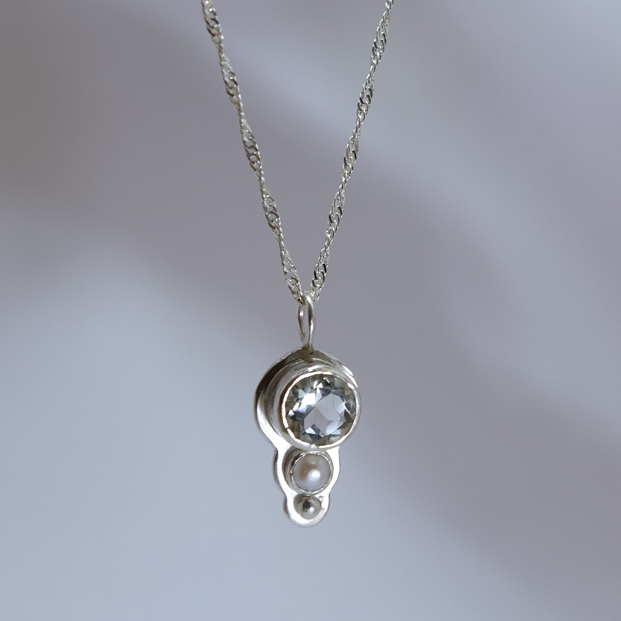 Silver and green gemstone necklace with pearl accent  | Made with Grace | handmade jewellery nz