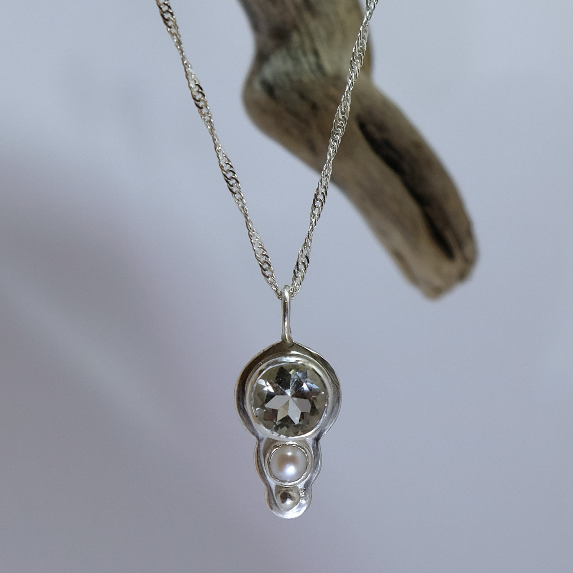 Silver and green gemstone necklace with pearl accent | Made with Grace | handmade jewellery nz