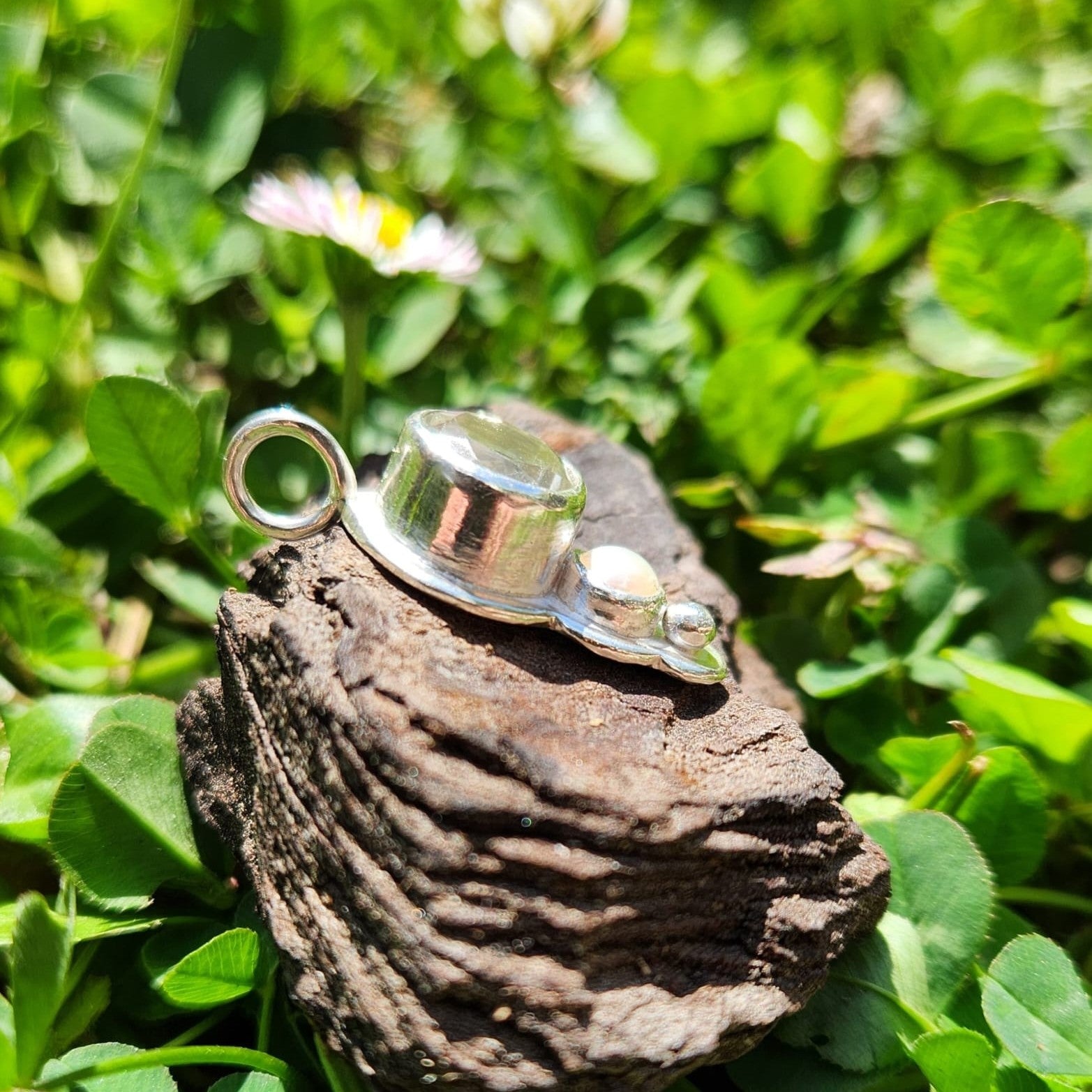 Green amethyst and pearl silver pendant show from the side | Made with Grace | handmade jewellery nz