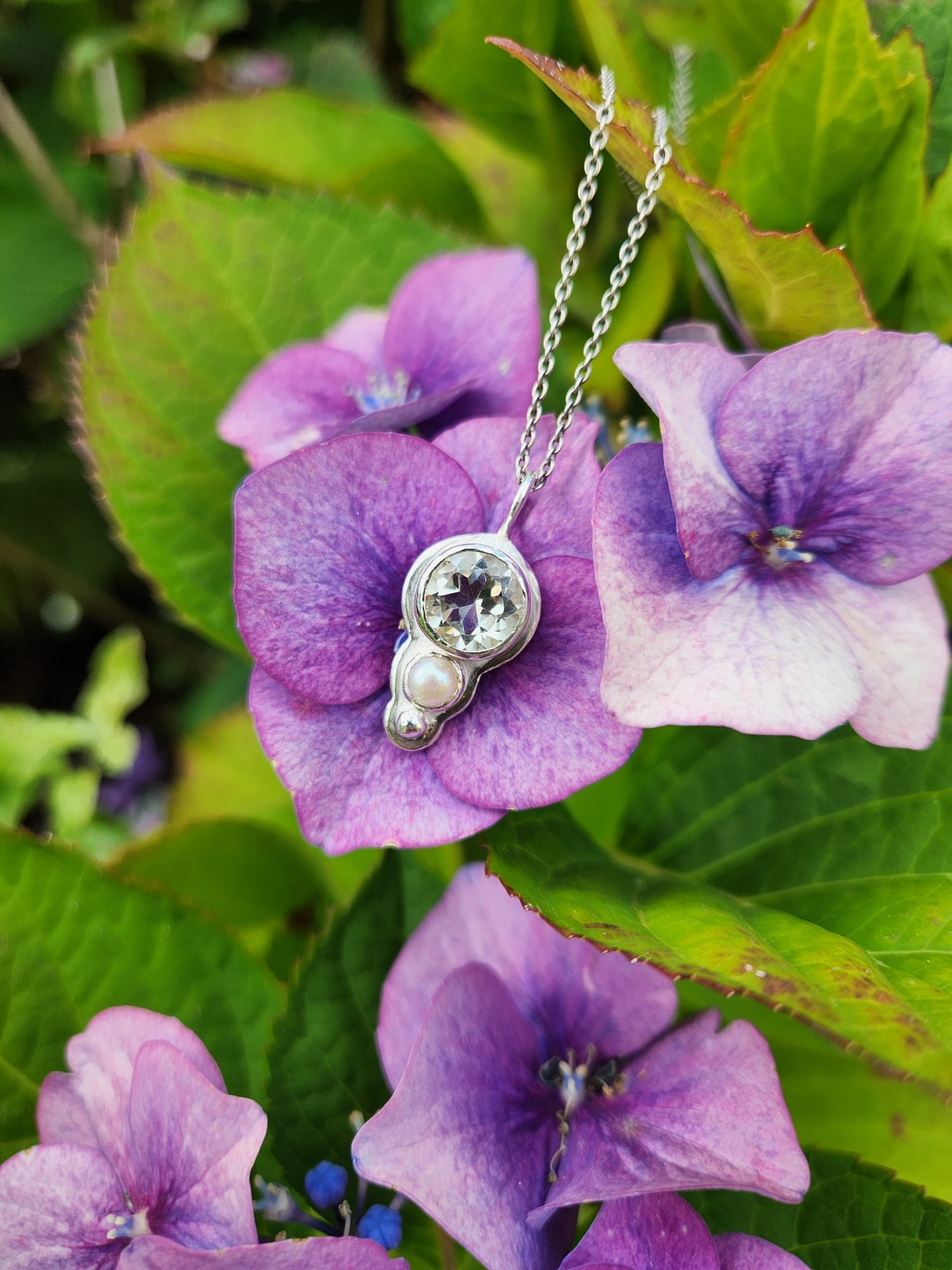 Silver pendant with green gemstone and pearl | Made with Grace | handmade jewellery nz