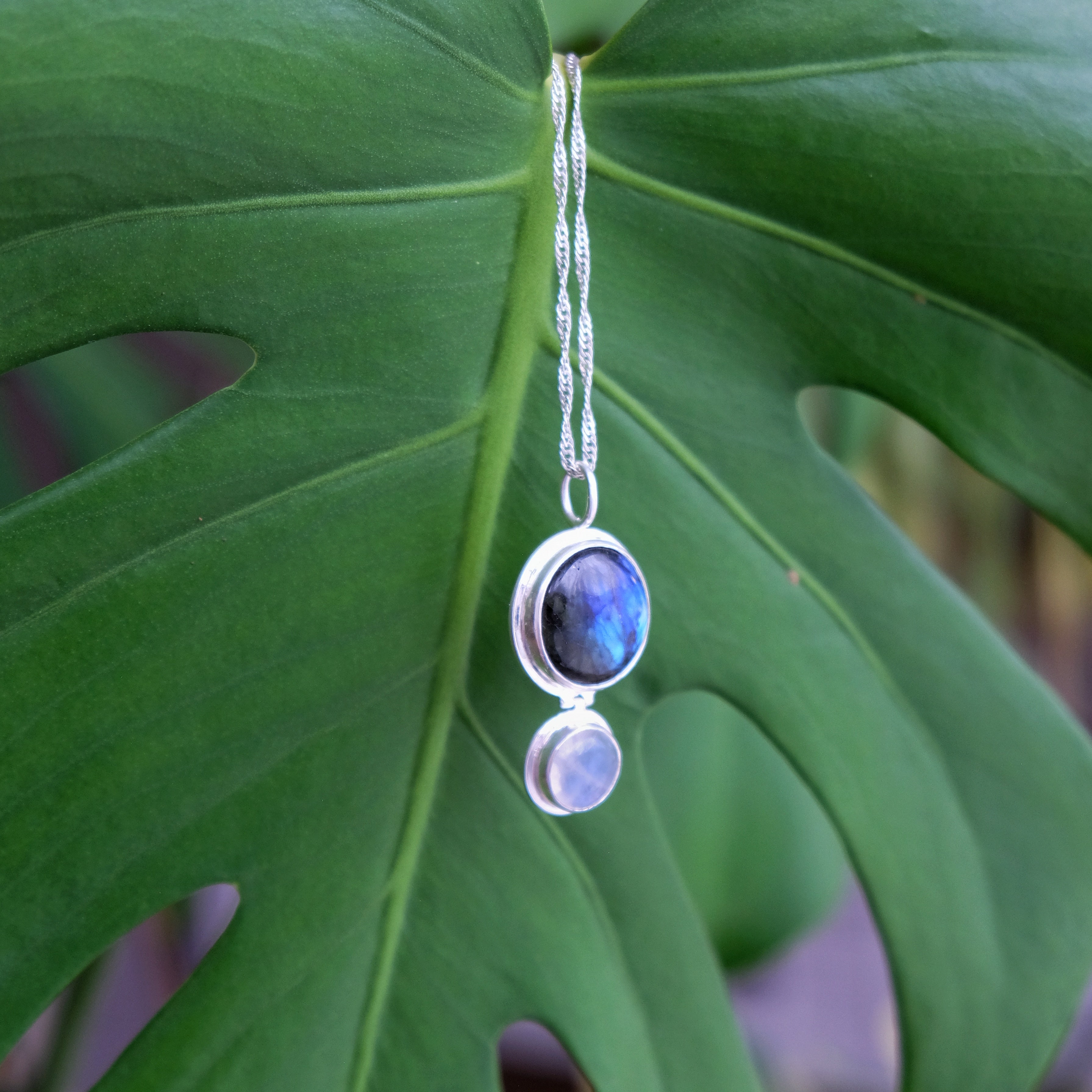 Blue labradorite and rainbow moonstone gemstone in sterling silver hinged pendant | Made with Grace | Handmade jewellery nz