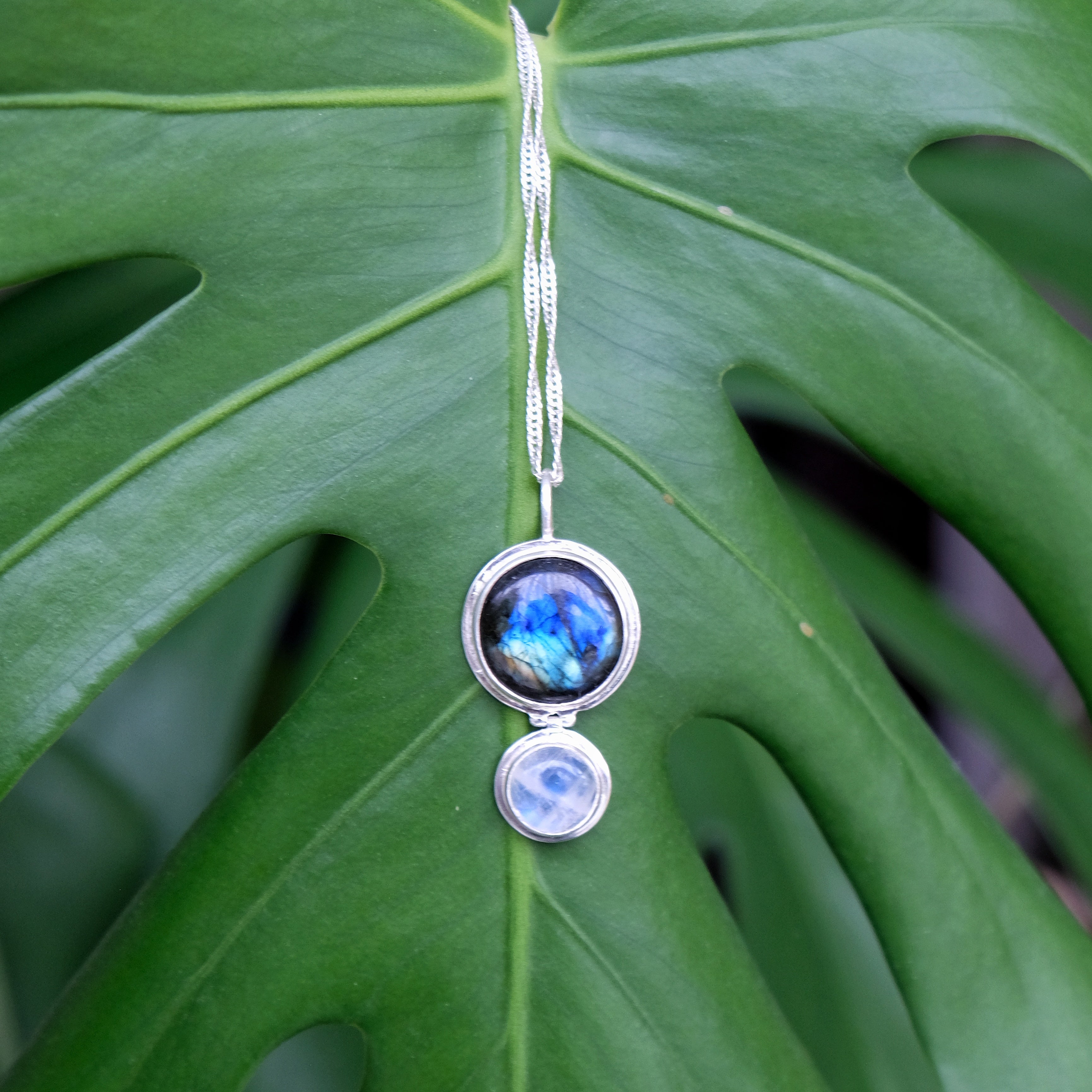 Blue labradorite and rainbow moonstone gemstone in sterling silver hinged pendant | Made with Grace | Handmade jewellery nz