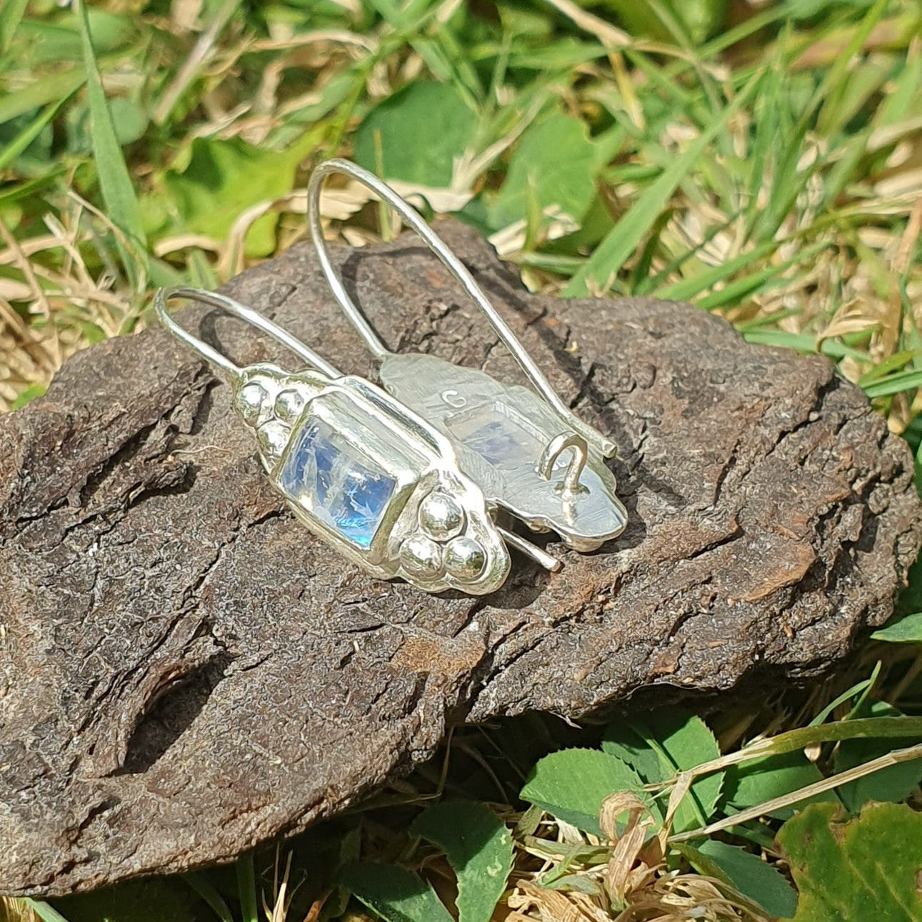 Moonstone and silver hook earrings, front and back | Made with Grace | handmade jewellery nz
