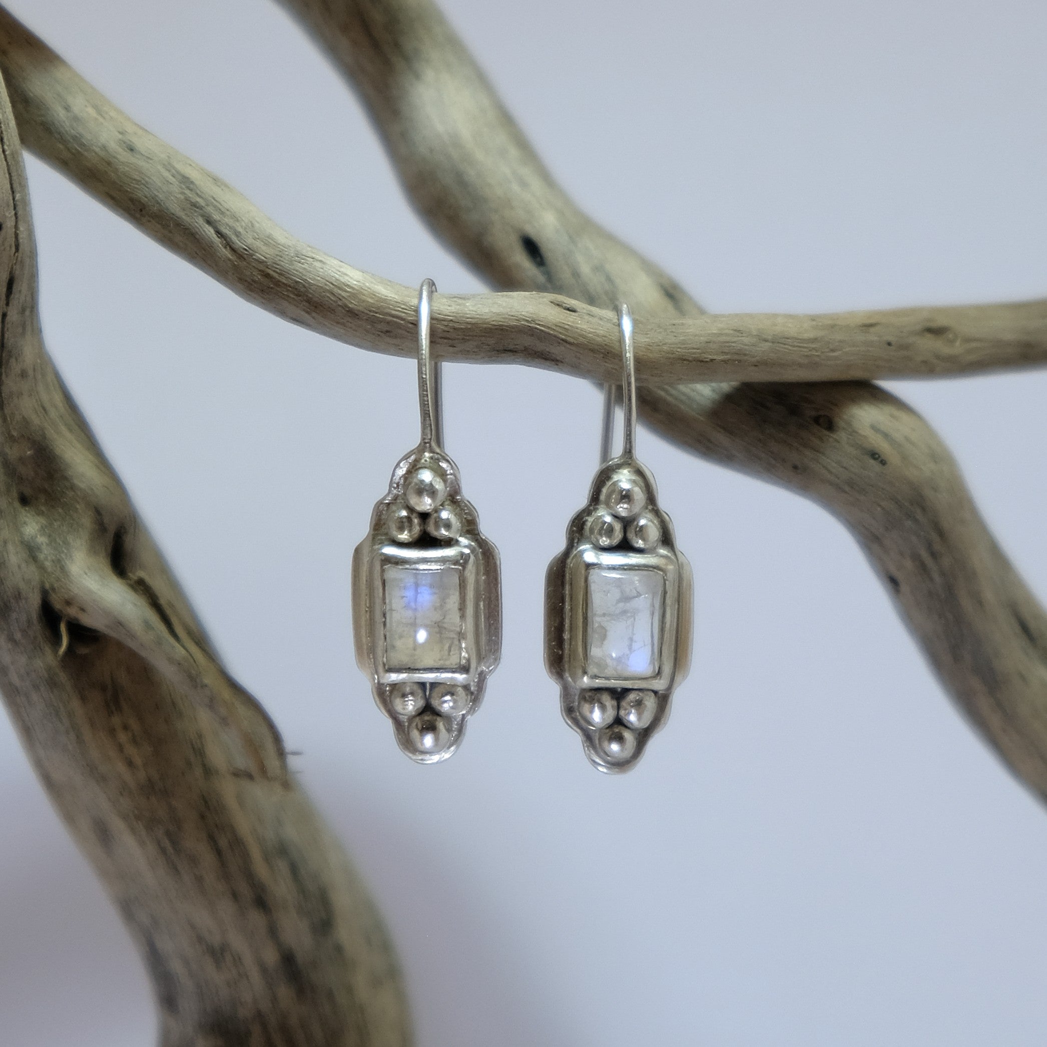 Rectangle rainbow moonstone earrings, with silver accents | Made with Grace | handmade jewellery nz