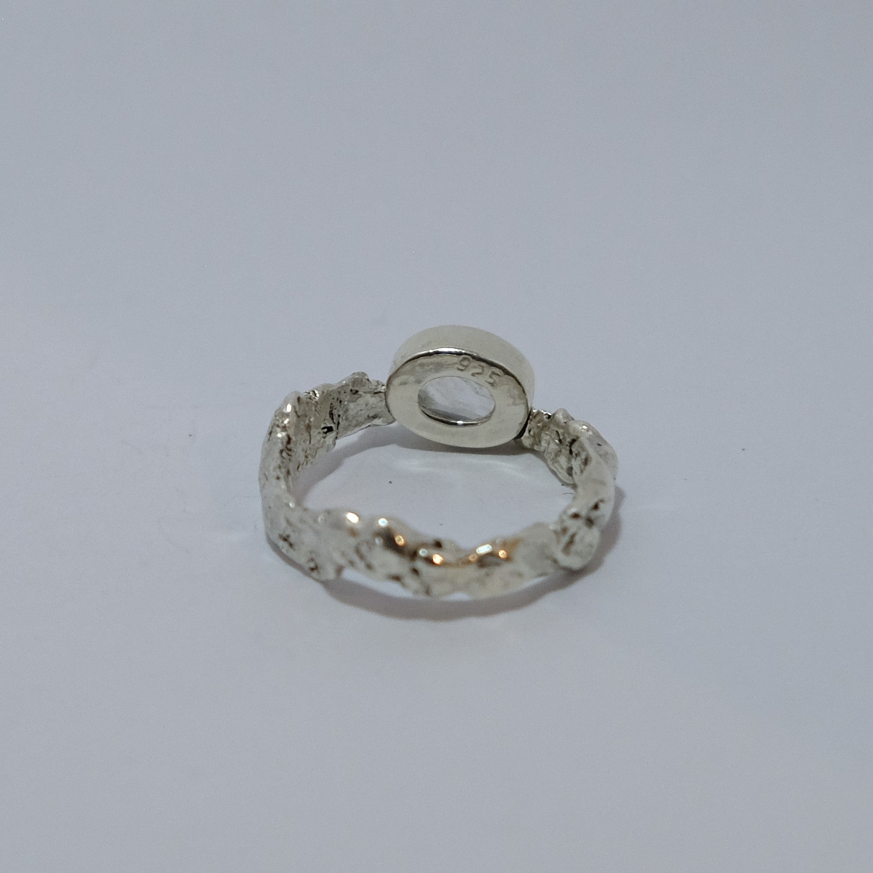 Silver and rainbow moonstone ring, shown from behind | Made with Grace | handmade jewellery nz