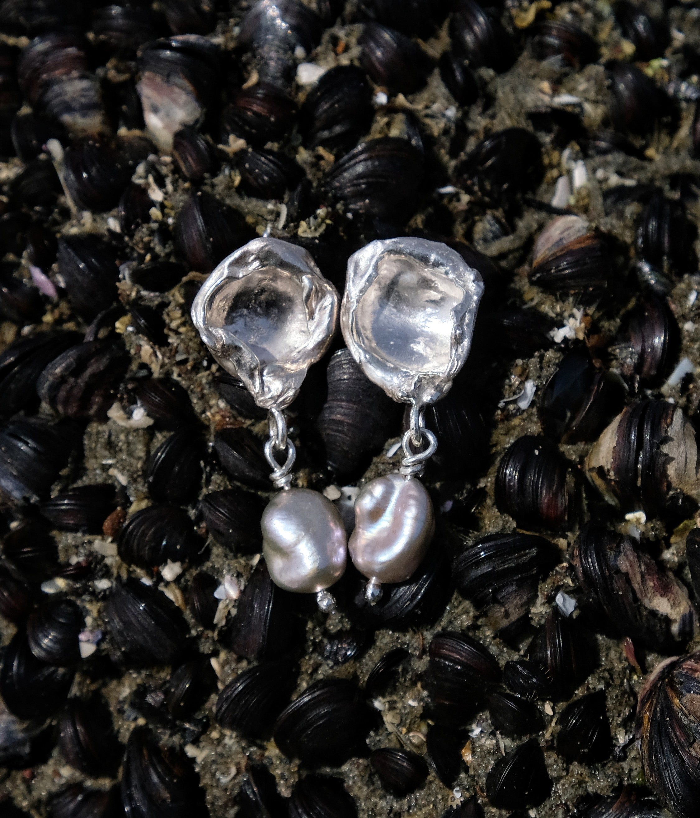 Silver oyster earrings with freshwater pearl | Made with Grace | handmade jewellery nz