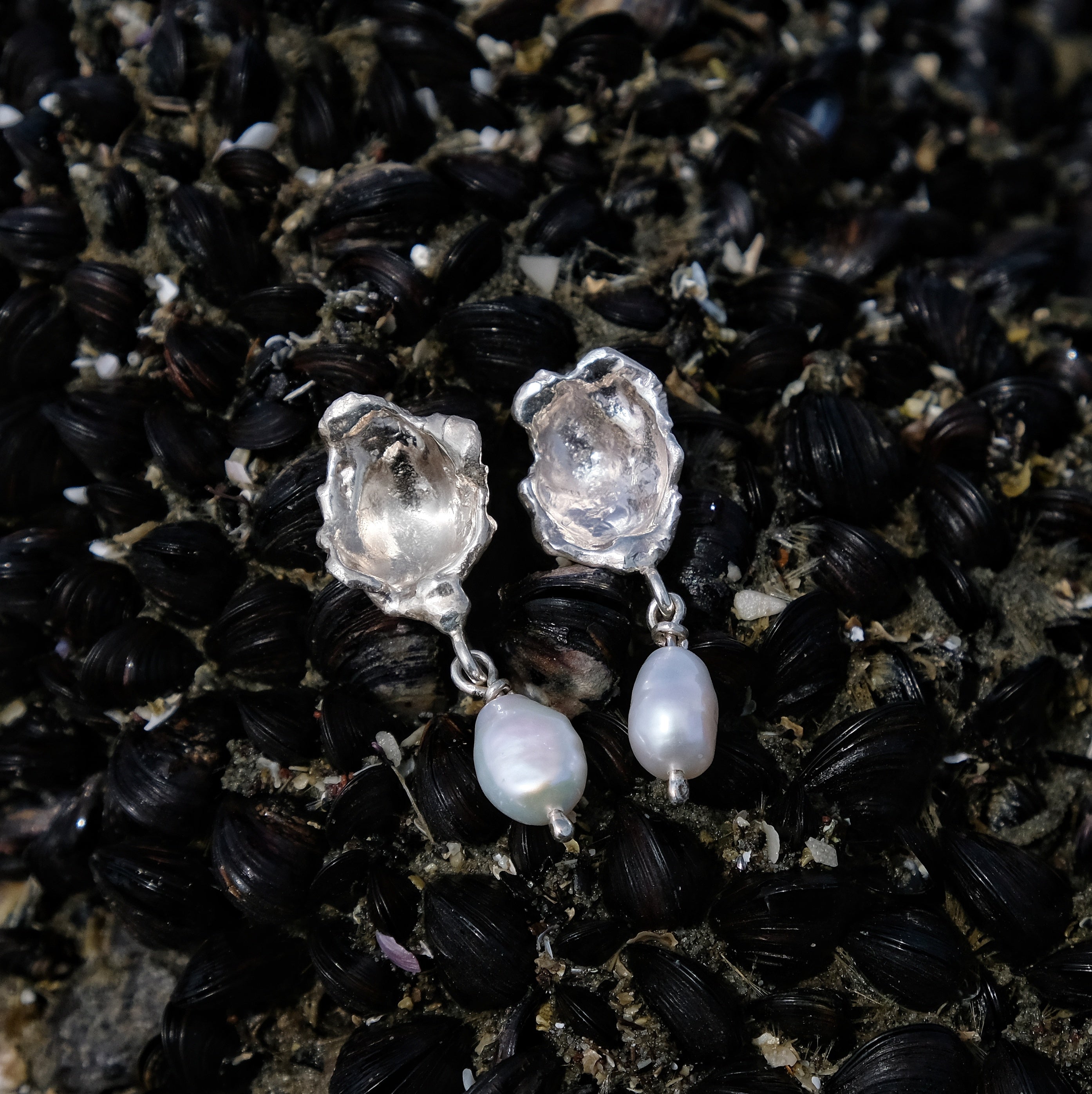 Silver oyster earrings with freshwater pearl | Made with Grace | handmade jewellery nz