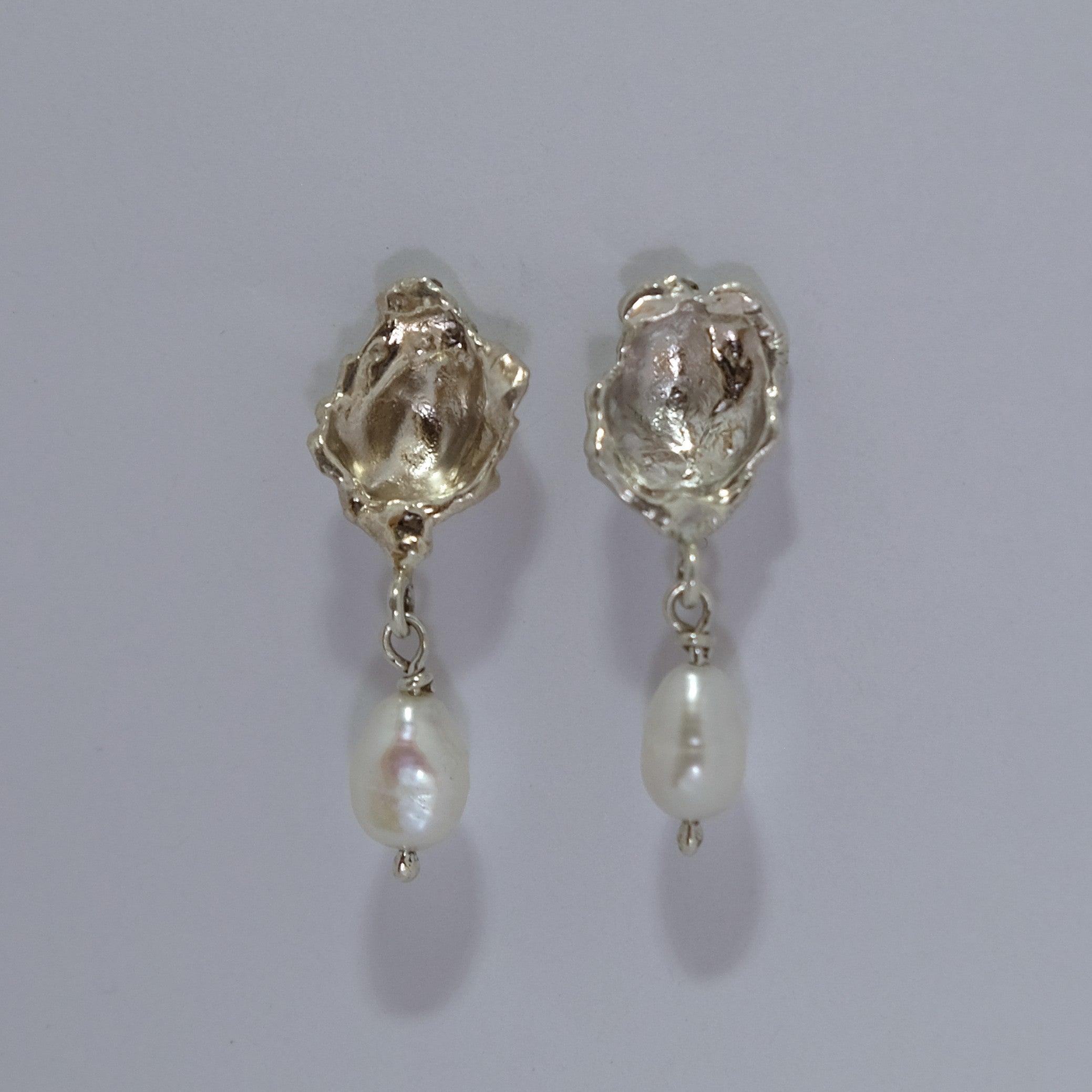 Silver oyster earrings with freshwater pearl | Made with Grace | handmade jewellery nz