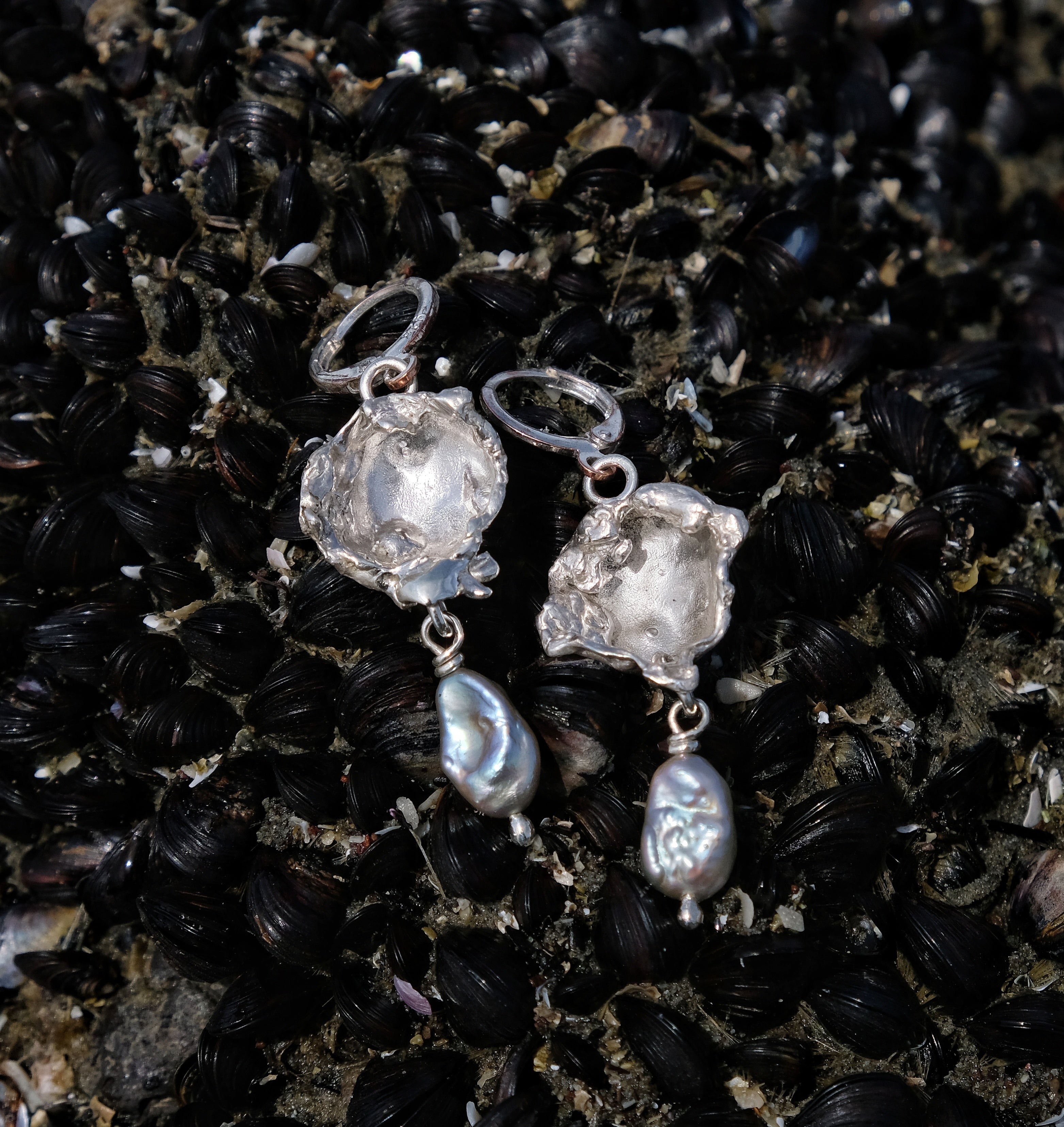 Silver oyster earrings with freshwater pearl | Made with Grace | handmade jewellery nz