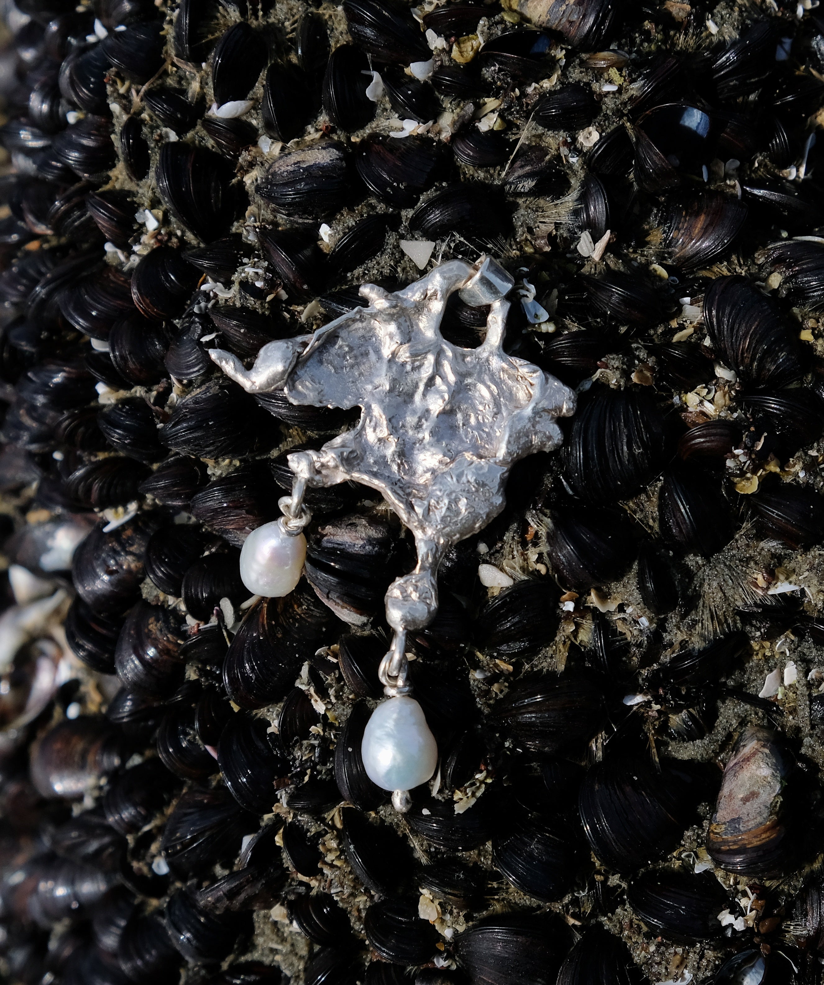 Large organic silver pendant with freshwater pearls | Made with Grace | handmade jewellery nz