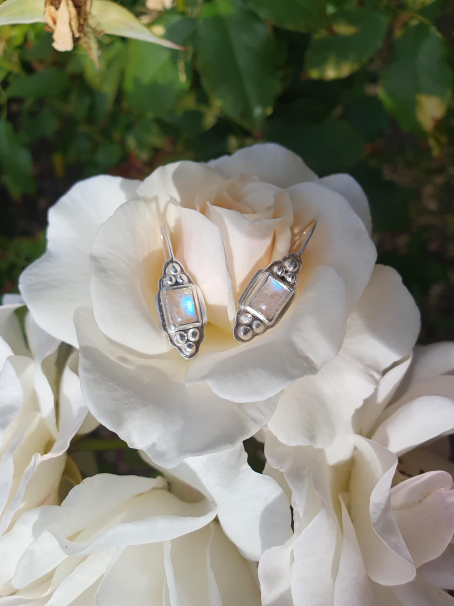 Rectangle rainbow moonstone gemstone earrings, with silver accents, on a rose | Made with Grace | handmade jewellery nz