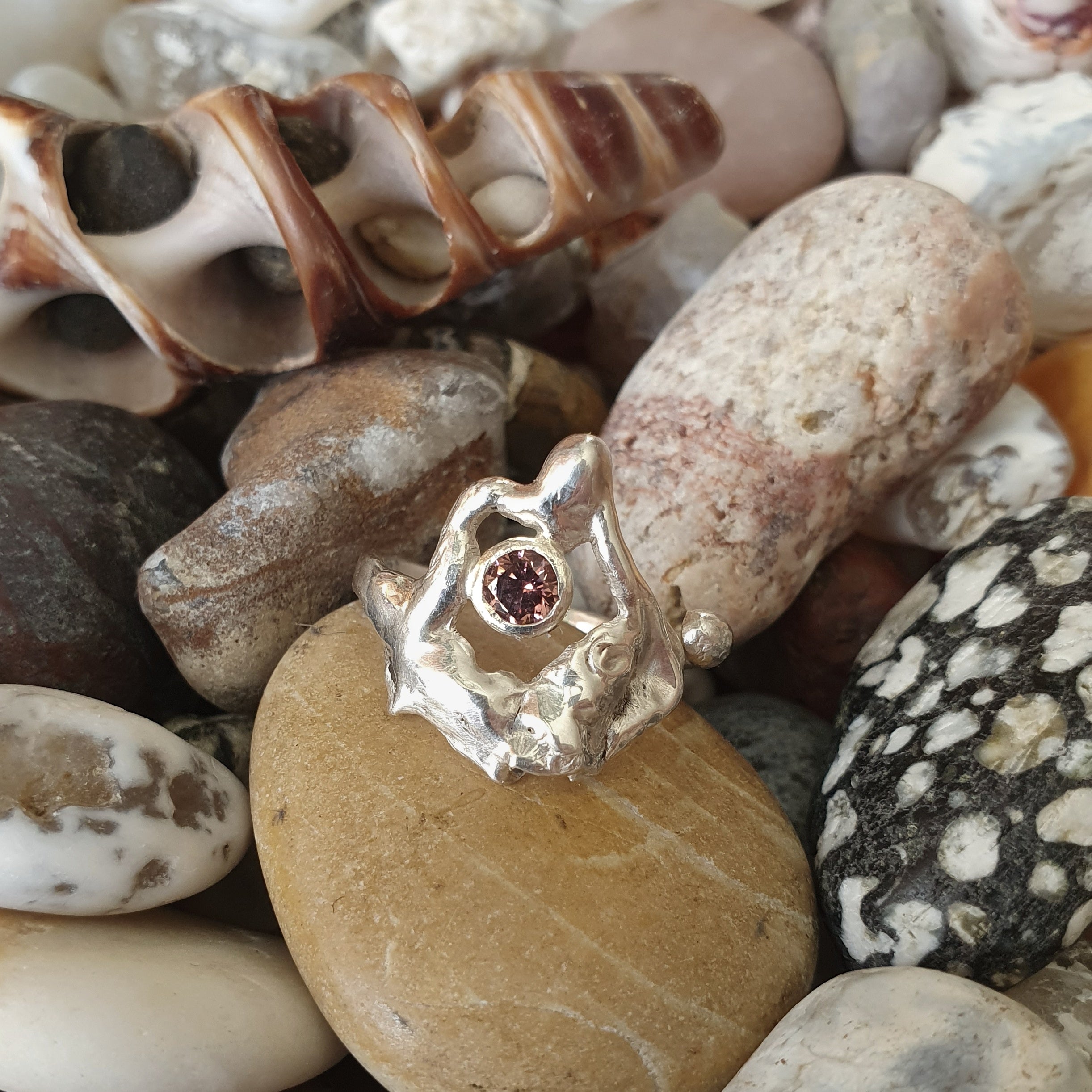 Organic sterling silver ring with rose stone | Made with Grace | handmade jewellery nz