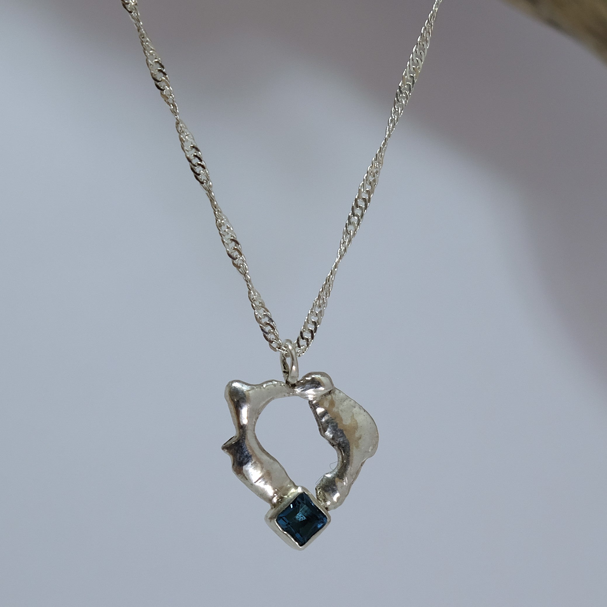 Organic silver ring pendant with bright blue square gemstone | Made with Grace | handmade jewellery nz
