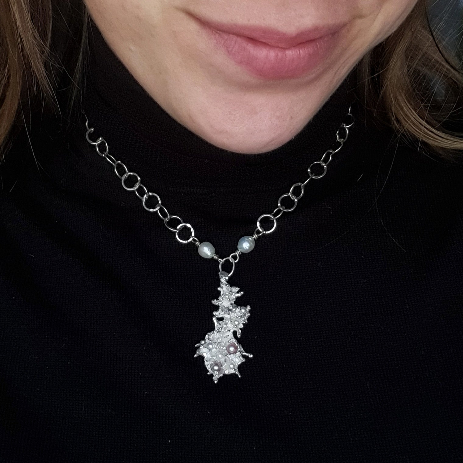 Chunky silver and pearl coral pendant | Made with Grace | handmade jewellery nz