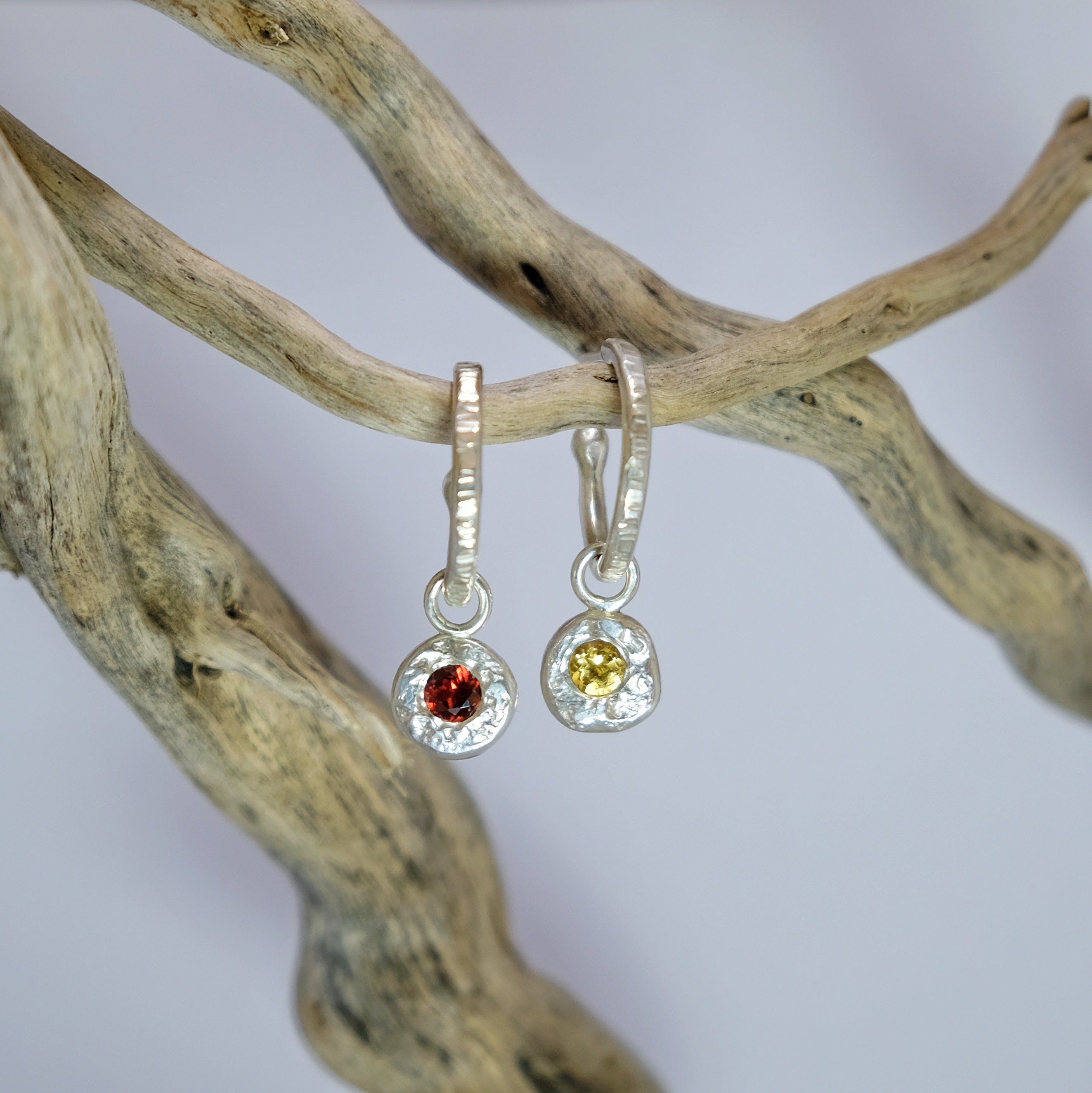 Textured silver hoops with charms in yellow and red gemstones | Made with Grace | handmade jewellery nz
