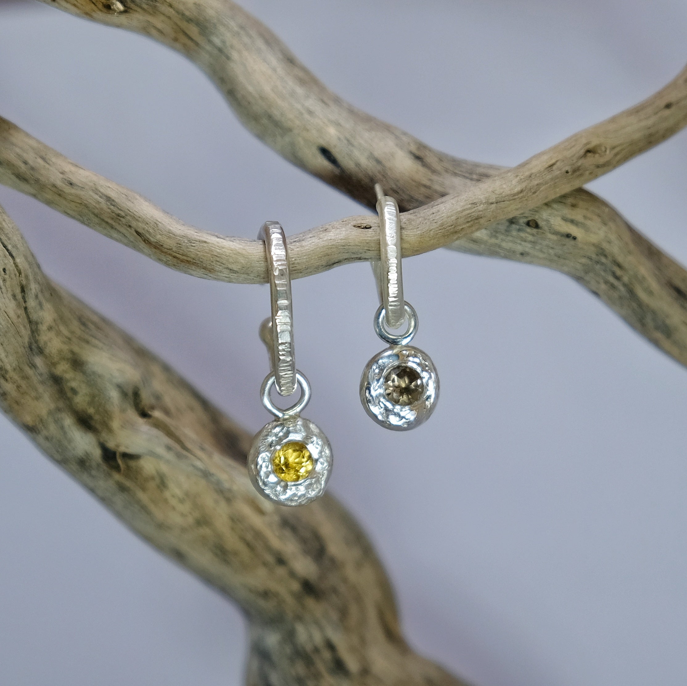 Textured silver hoops with charms in yellow and brown gemstones | Made with Grace | handmade jewellery nz